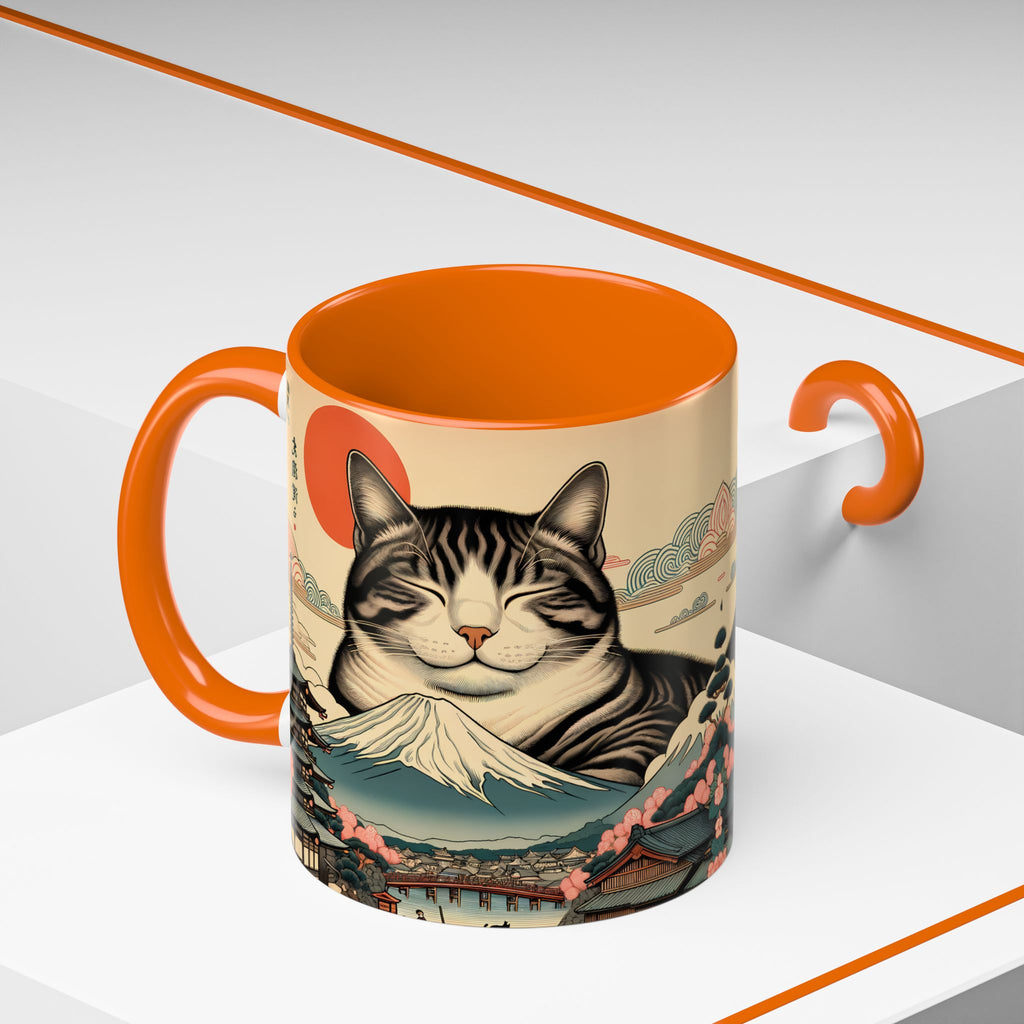Japanese Fuji Cat Mug - Ukiyo-e Style Gift for Cat Lovers, Pet Mom Coffee Cup, Sleepy Neko Art Design
