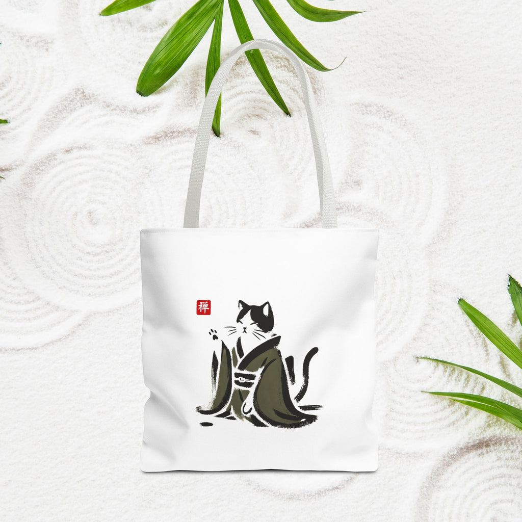 Zen Cat Tote Bag — Japanese Sumi-e Style Cat Illustration