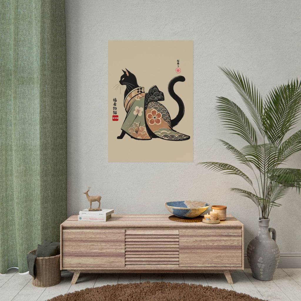Lucky Kimono Cat Wall Art – 福着物猫 | Japanese Sumi-e Print