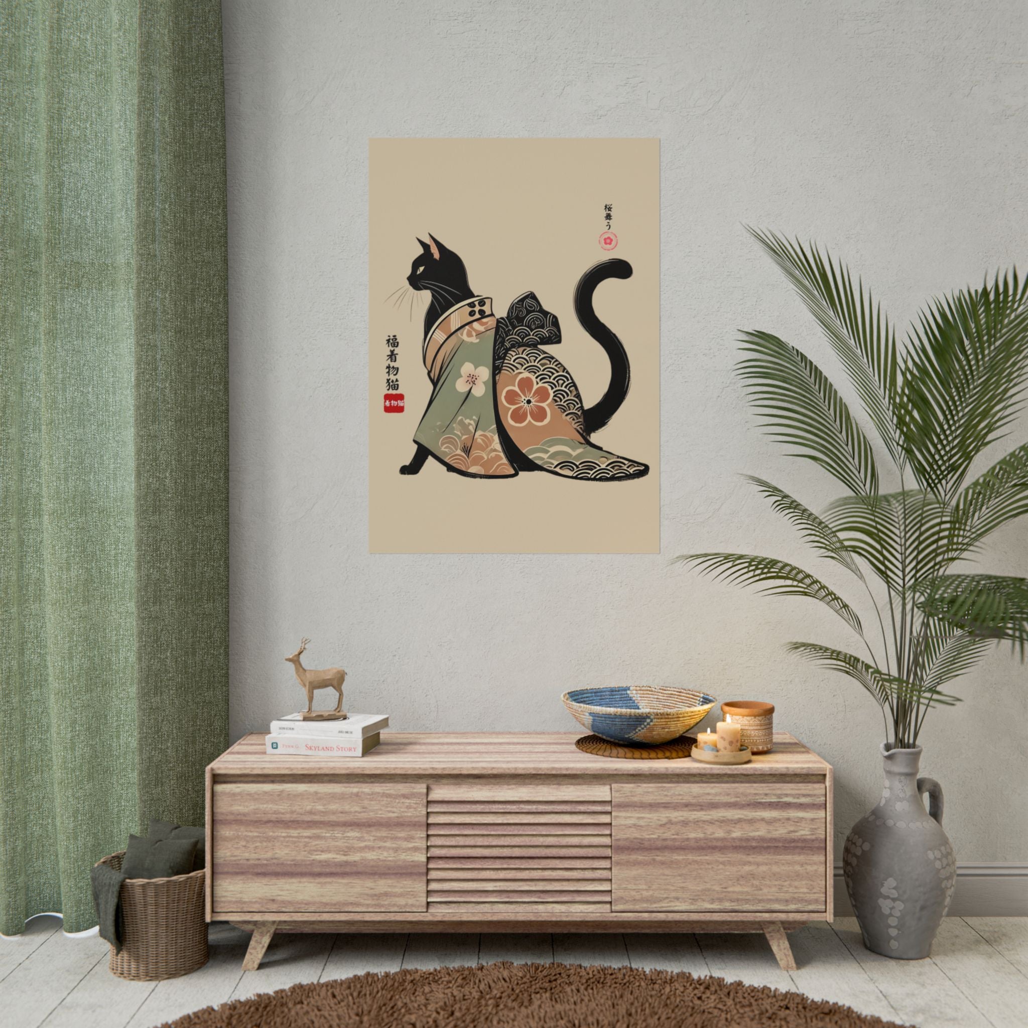 Lucky Kimono Cat Wall Art – 福着物猫 | Japanese Sumi-e Print