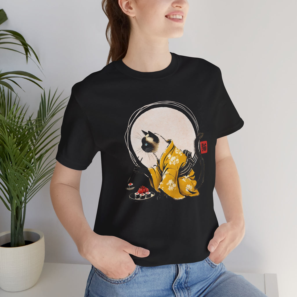 Siamese Cat Tee - Kimono Cat Eating Sushi T-Shirt, Japanese Neko