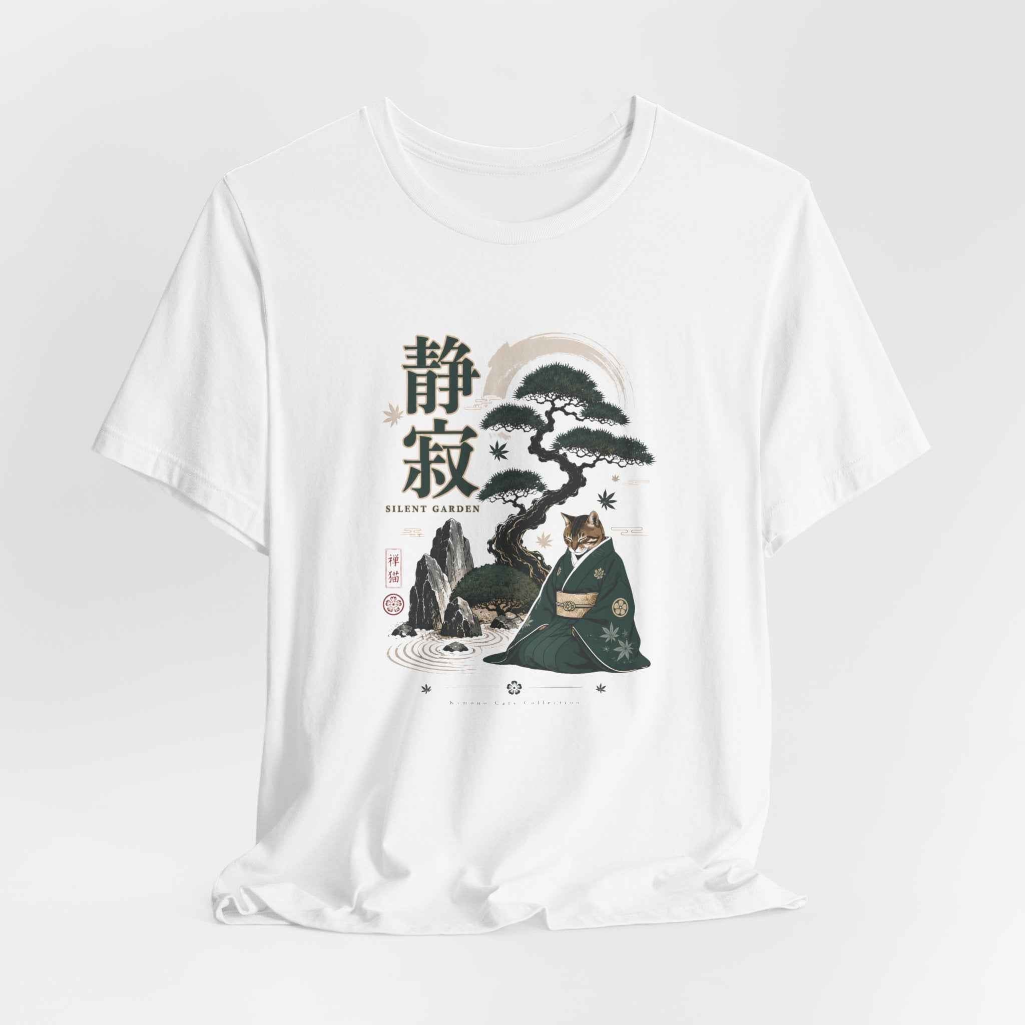 Zen Cat Monk T-Shirt | Japanese Bonsai, Tranquil Kanji Illustration