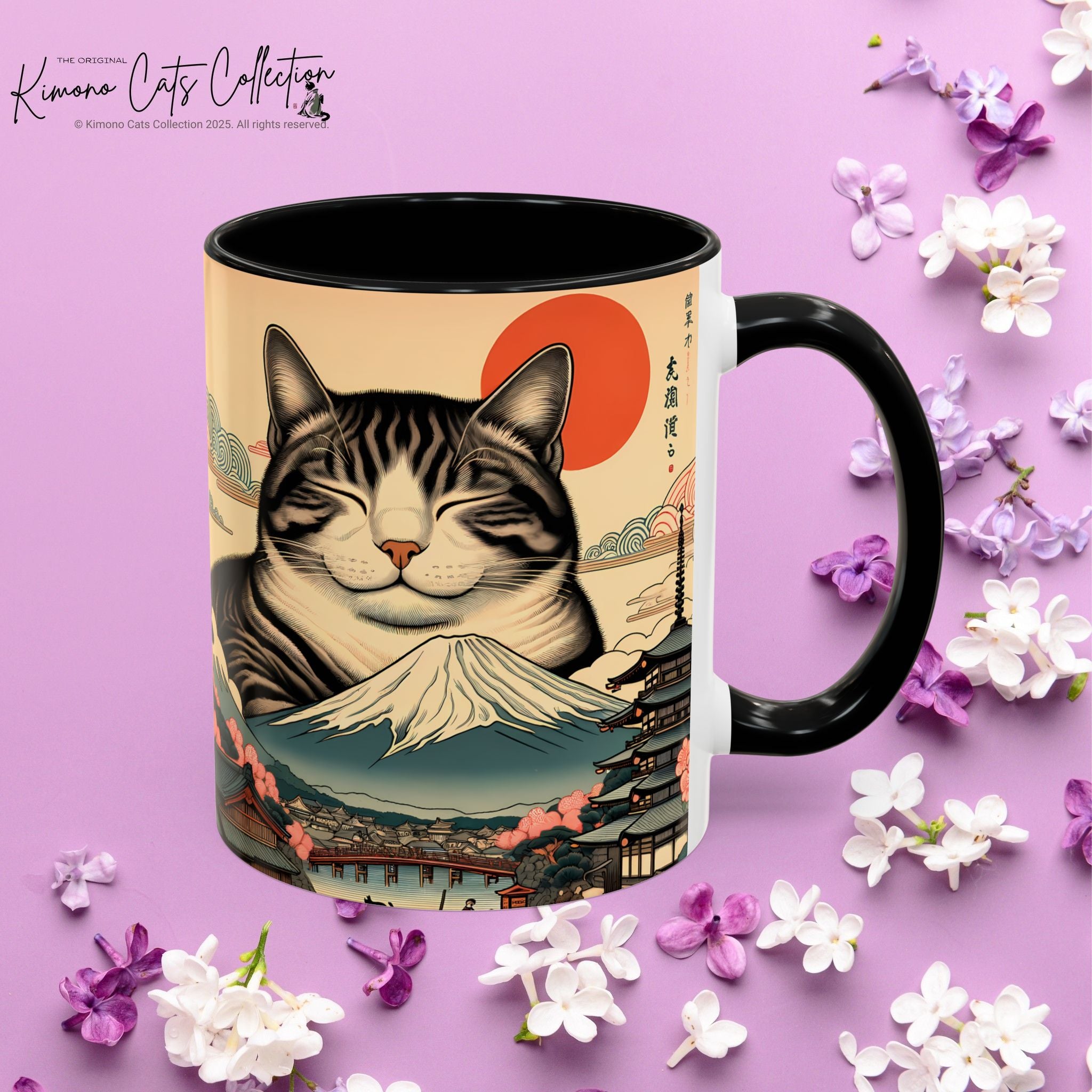 Japanese Fuji Cat Mug - Ukiyo-e Style Gift for Cat Lovers, Pet Mom Coffee Cup, Sleepy Neko Art Design