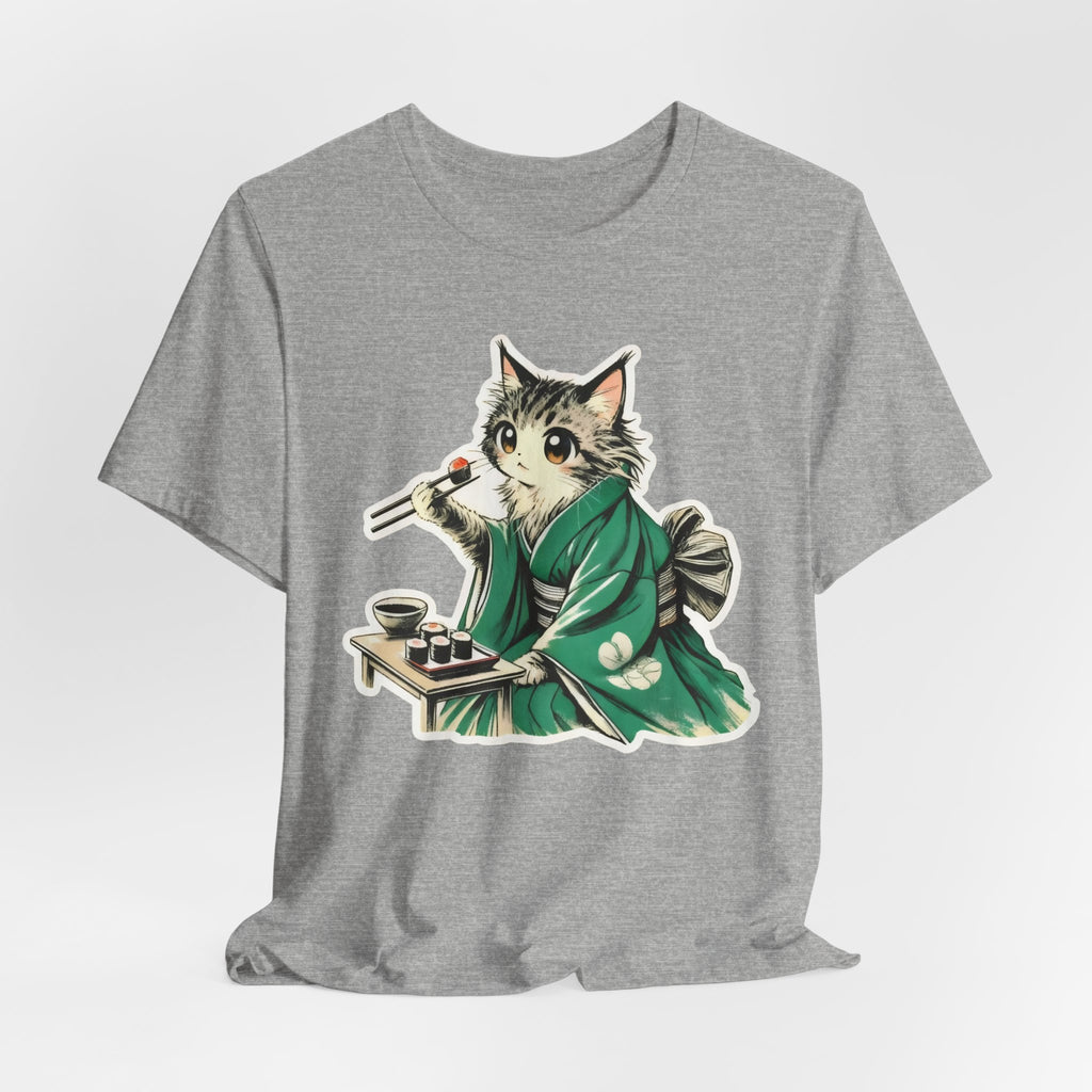 Kat Wearing Kimono Eating Sushi T-Shirt | Cute Japanese Cat Illustration