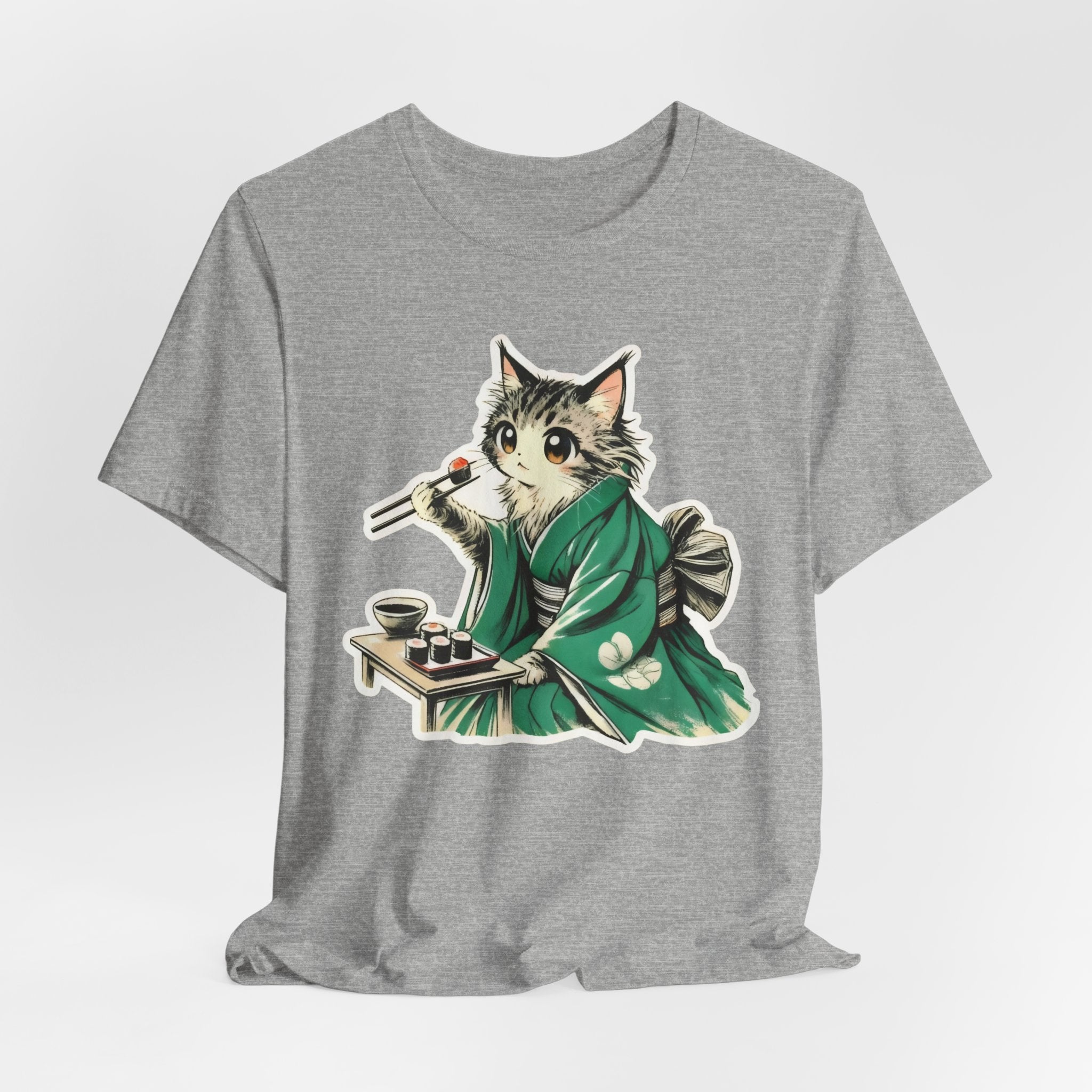 Kat Wearing Kimono Eating Sushi T-Shirt | Cute Japanese Cat Illustration
