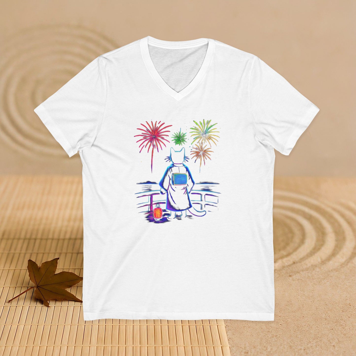V-Neck Tee Cat Watching Fireworks - Unisex