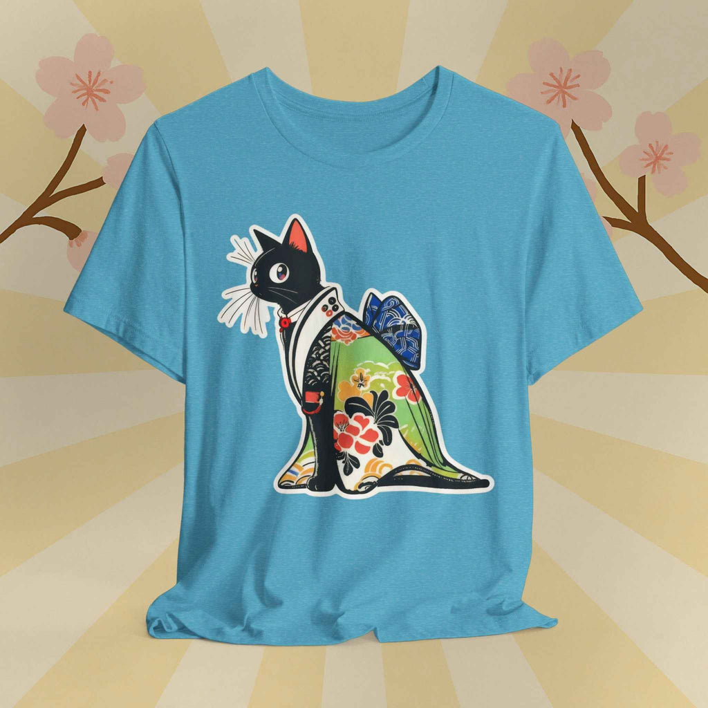 Cat Kimono T‑Shirt — Japanese Floral Black Cat Graphic Tee