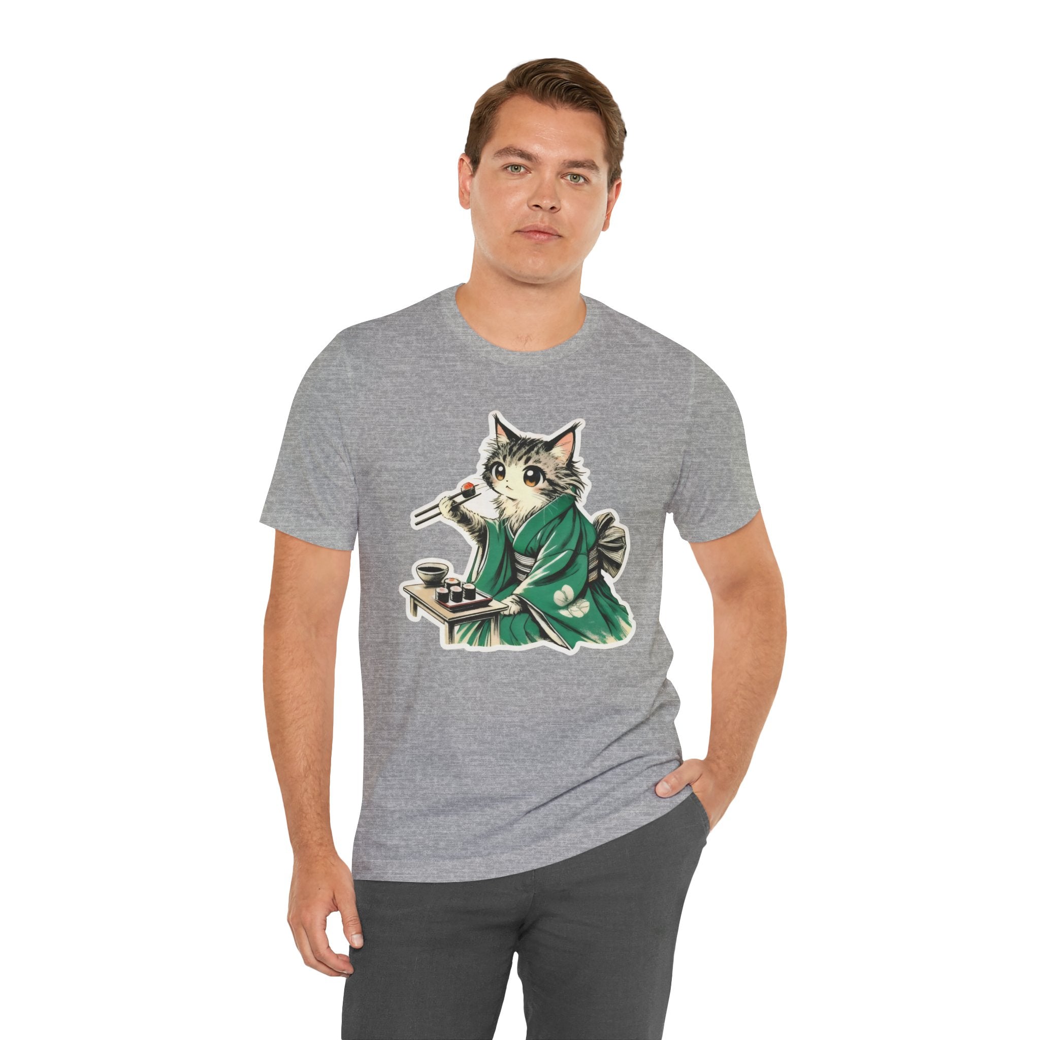 Kat Wearing Kimono Eating Sushi T-Shirt | Cute Japanese Cat Illustration