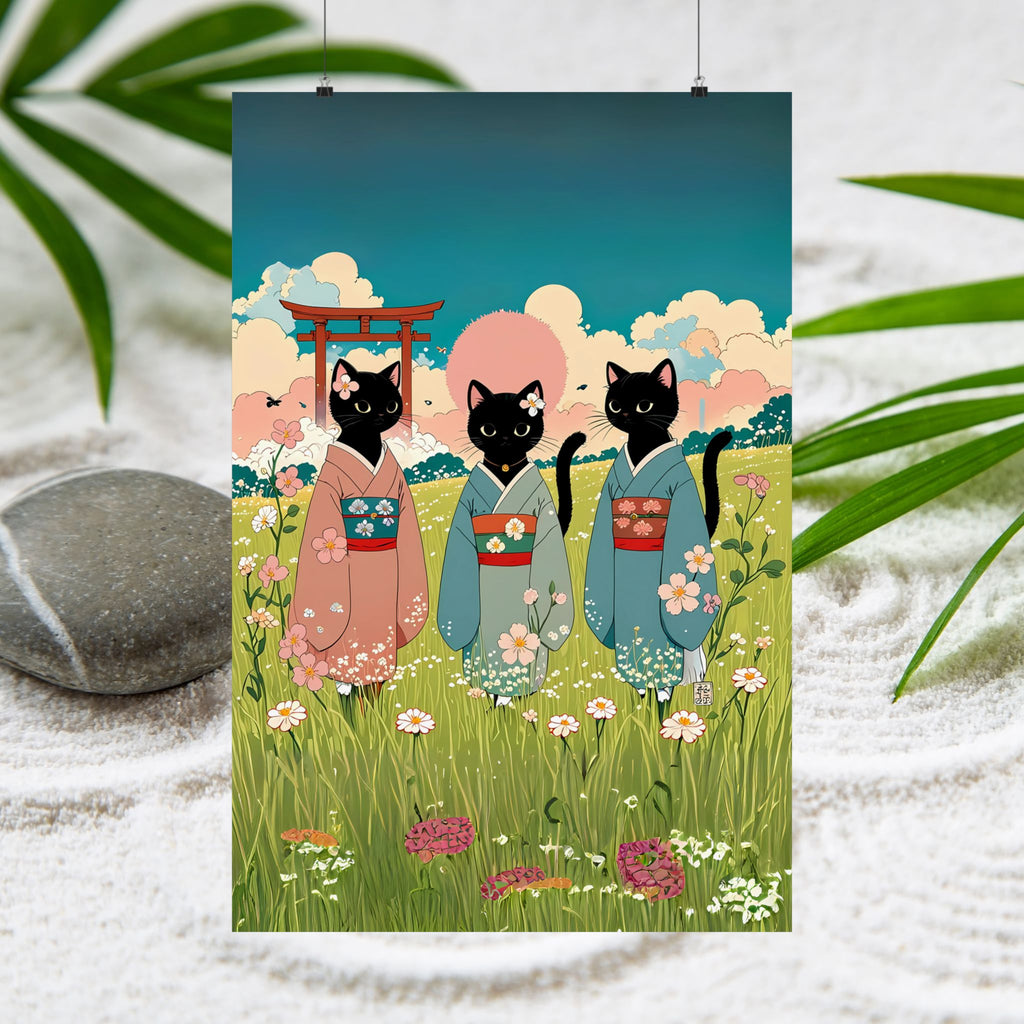 Three Black Cats in Kimonos – Wall Art 🐾🌸