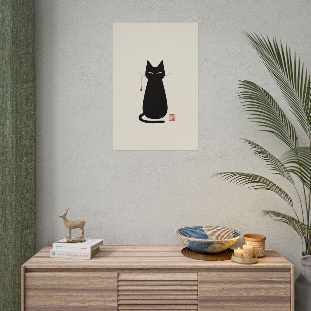 Minimal Black Cat Poster | Rolled Poster, Japanese Ink Style