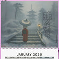 Calendar for January 2026 with a Japanese temple illustration on a pink background with flowers.