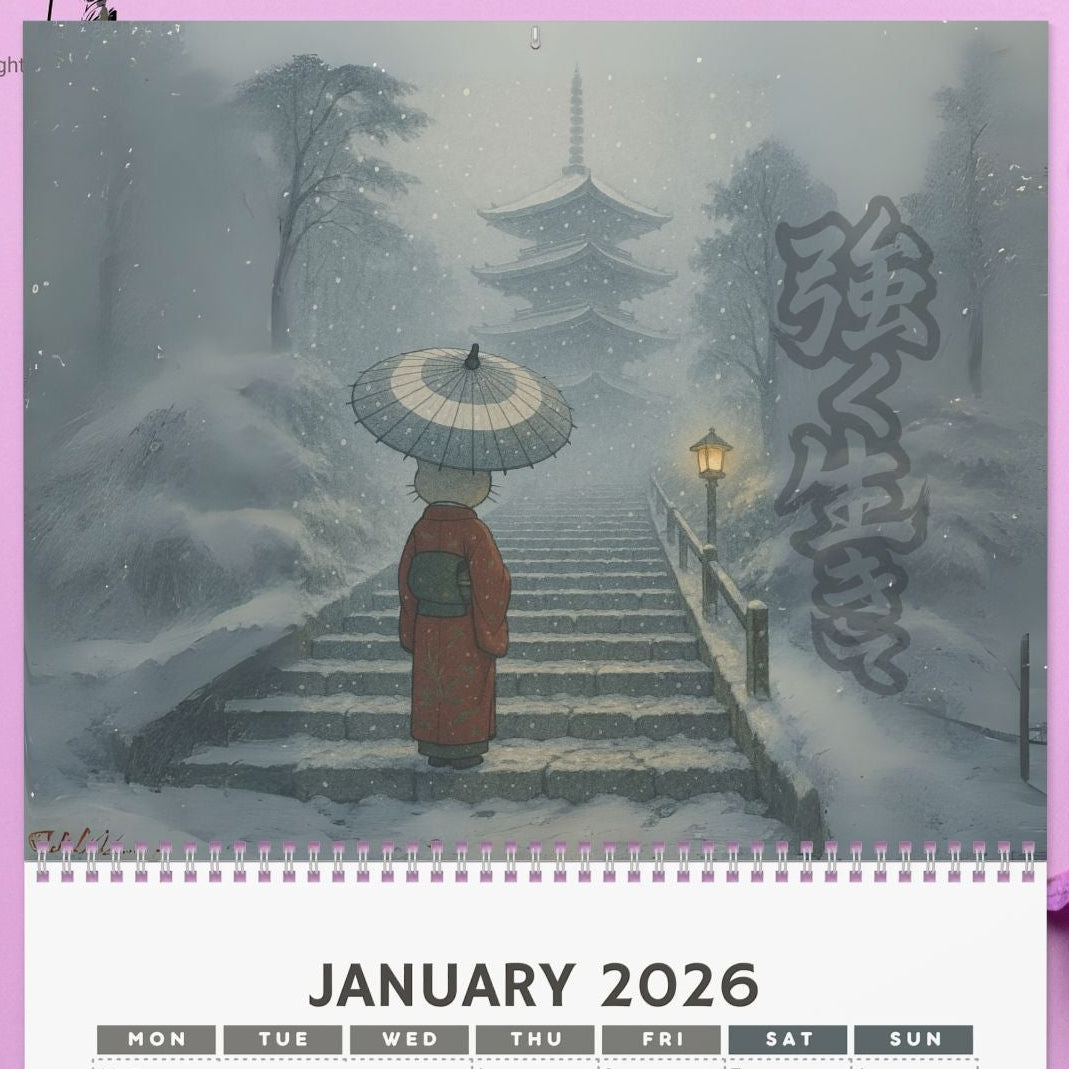 Calendar for January 2026 with a Japanese temple illustration on a pink background with flowers.