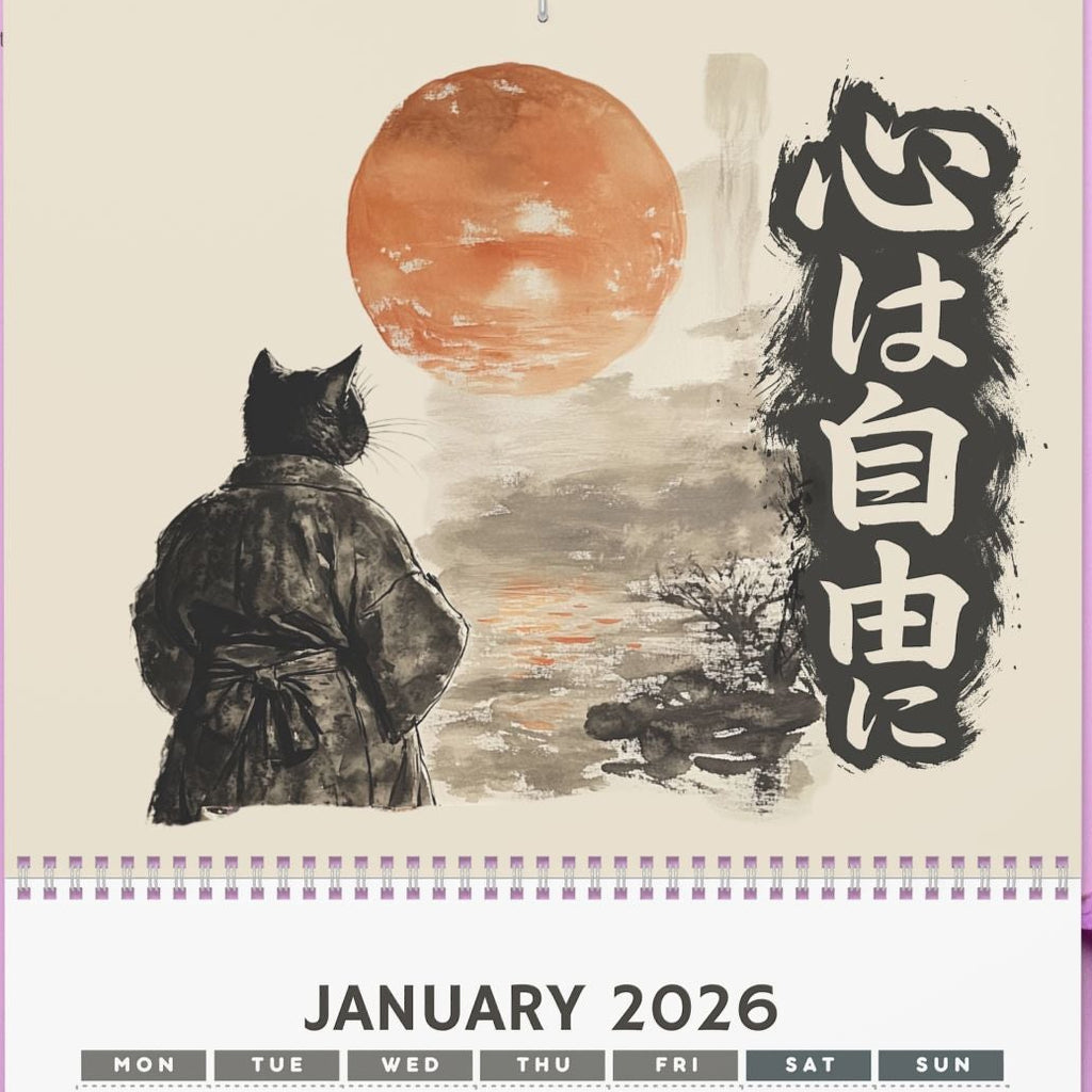 Calendar for January 2026 with a cat illustration on a pink background with flowers