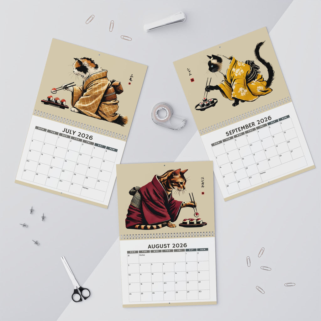 2026 Cats in Kimonos Eating Sushi Calendar - Japan Cat Sumi-e Art