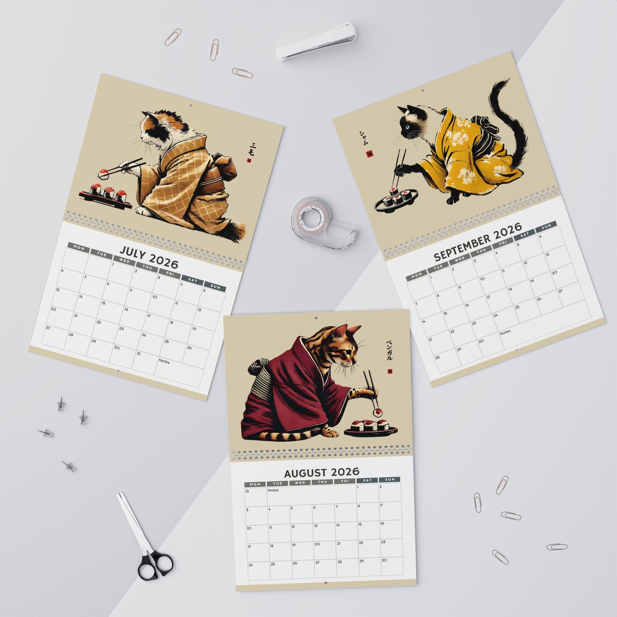 2026 Cats in Kimonos Eating Sushi Calendar - Japan Cat Sumi-e Art