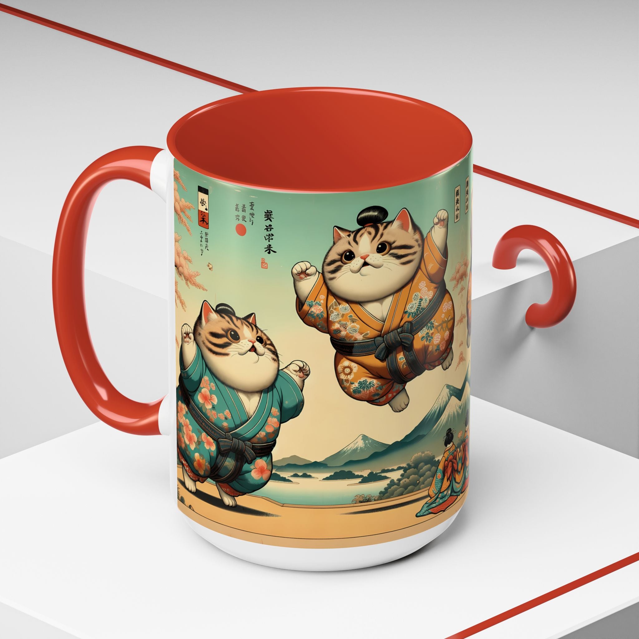 Sumo Cats Mug with Japanese Cherry Blossoms Design - Kimono Cats Collection