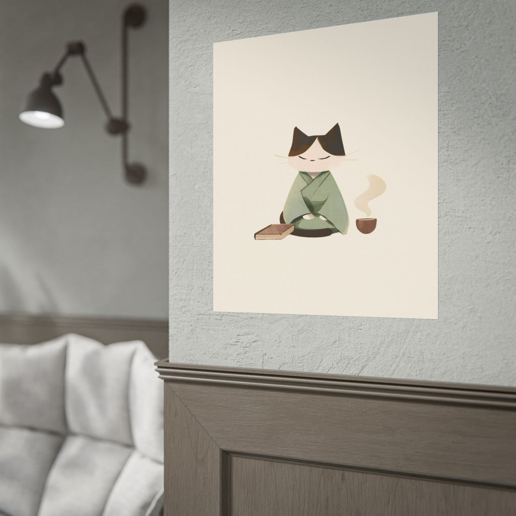 Zen Cat Tea Poster — Minimalist Rolled Art Print