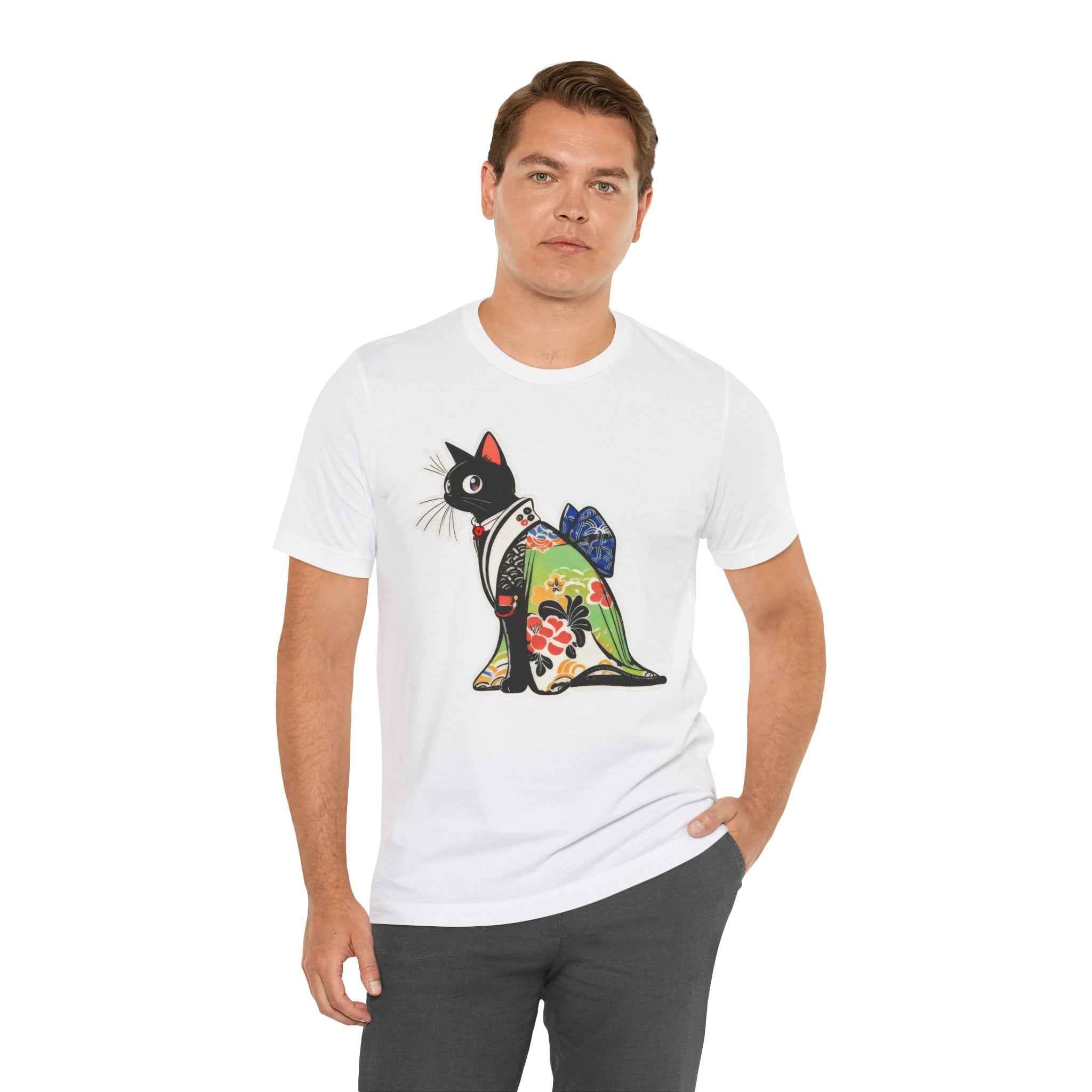 Cat Kimono T‑Shirt — Japanese Floral Black Cat Graphic Tee