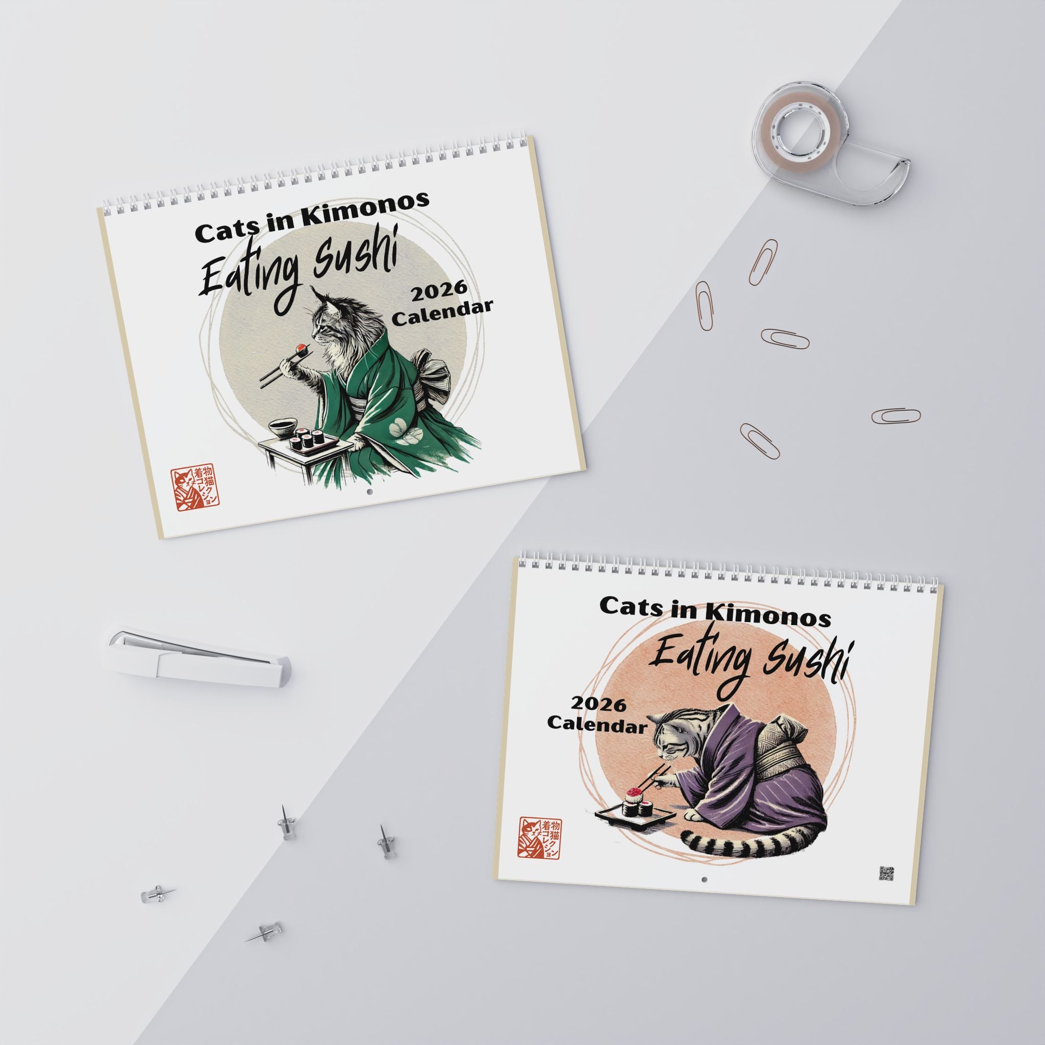2026 Cats in Kimonos Eating Sushi Calendar - Japan Cat Sumi-e Art