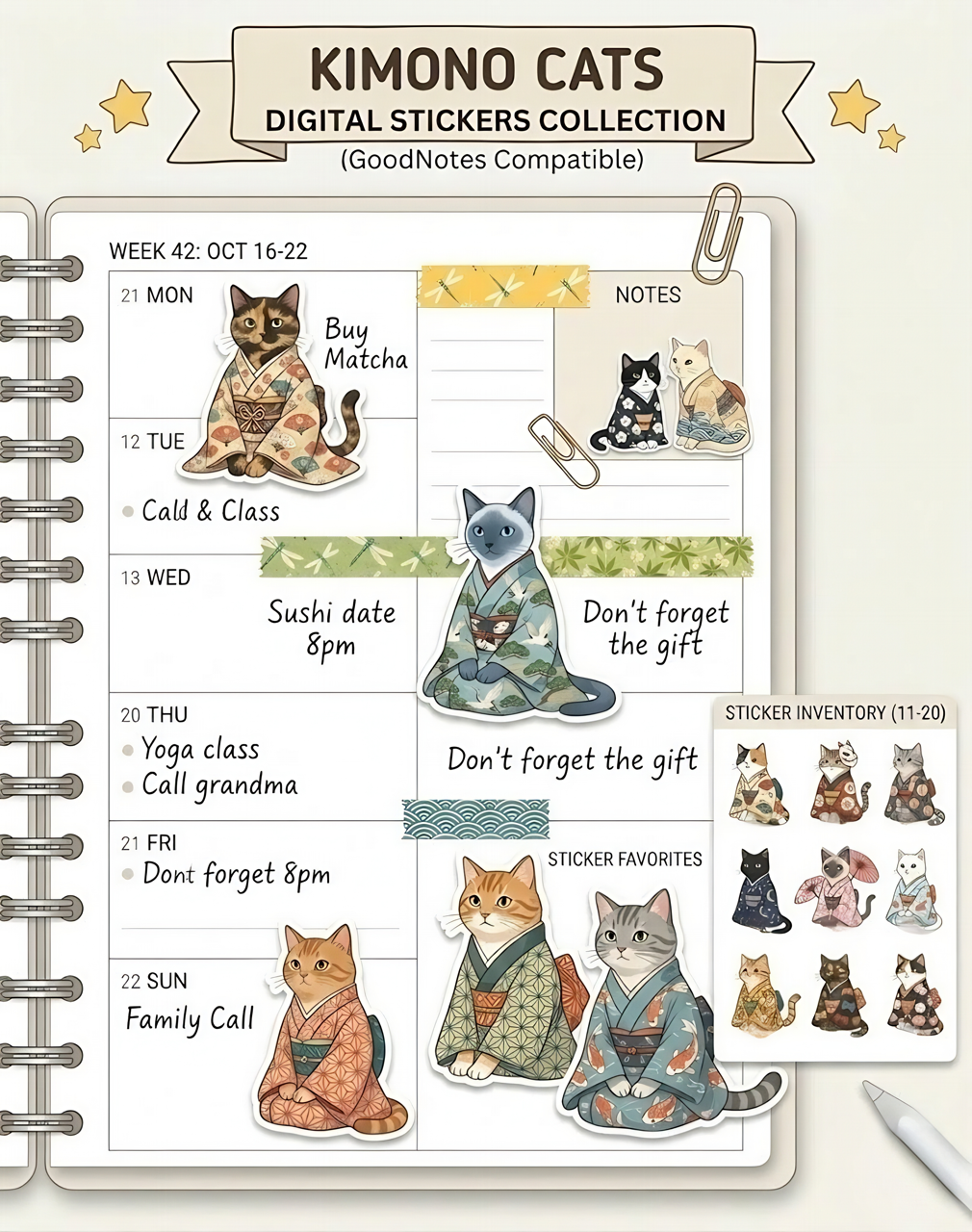 49 Bundle of Kimono Cat Stickers, Japanese Kawaii Clipart, Digital Planner PNG (Digital Download)