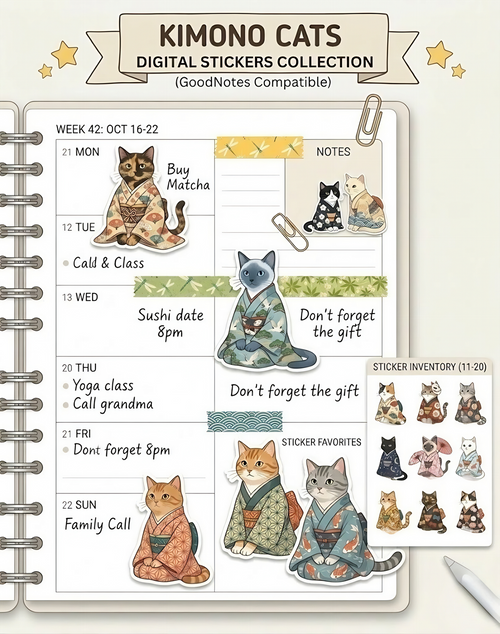 49 Bundle of Kimono Cat Stickers, Japanese Kawaii Clipart, Digital Planner PNG (Digital Download)