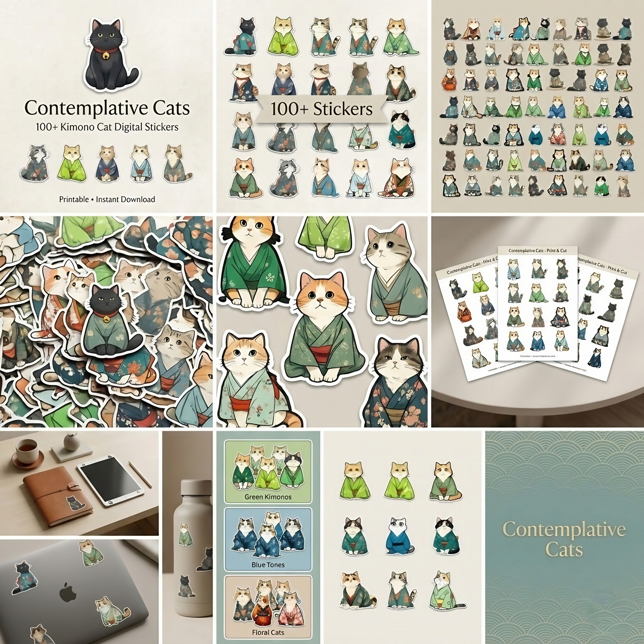 100+ Bundle - Contemplation Cats in Kimonos, Digital Sticker Pack