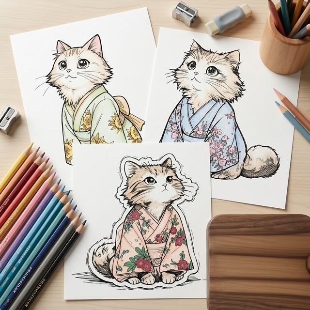 Kimono Cats Coloring Book – 99 Kawaii Japanese Pages (Digital Download)