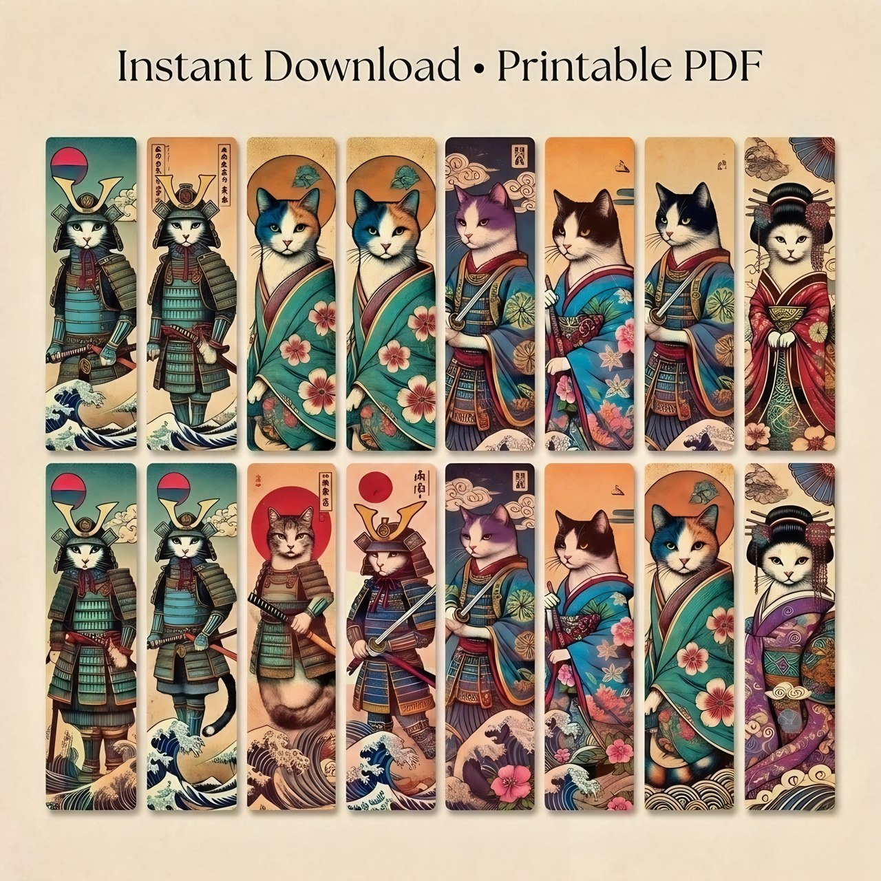 21 Kimono Cats Bookmarks: Japanese Ukiyoe Art (Printable)
