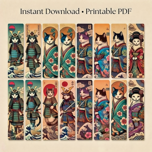 21 Kimono Cats Bookmarks: Japanese Ukiyoe Art (Printable)