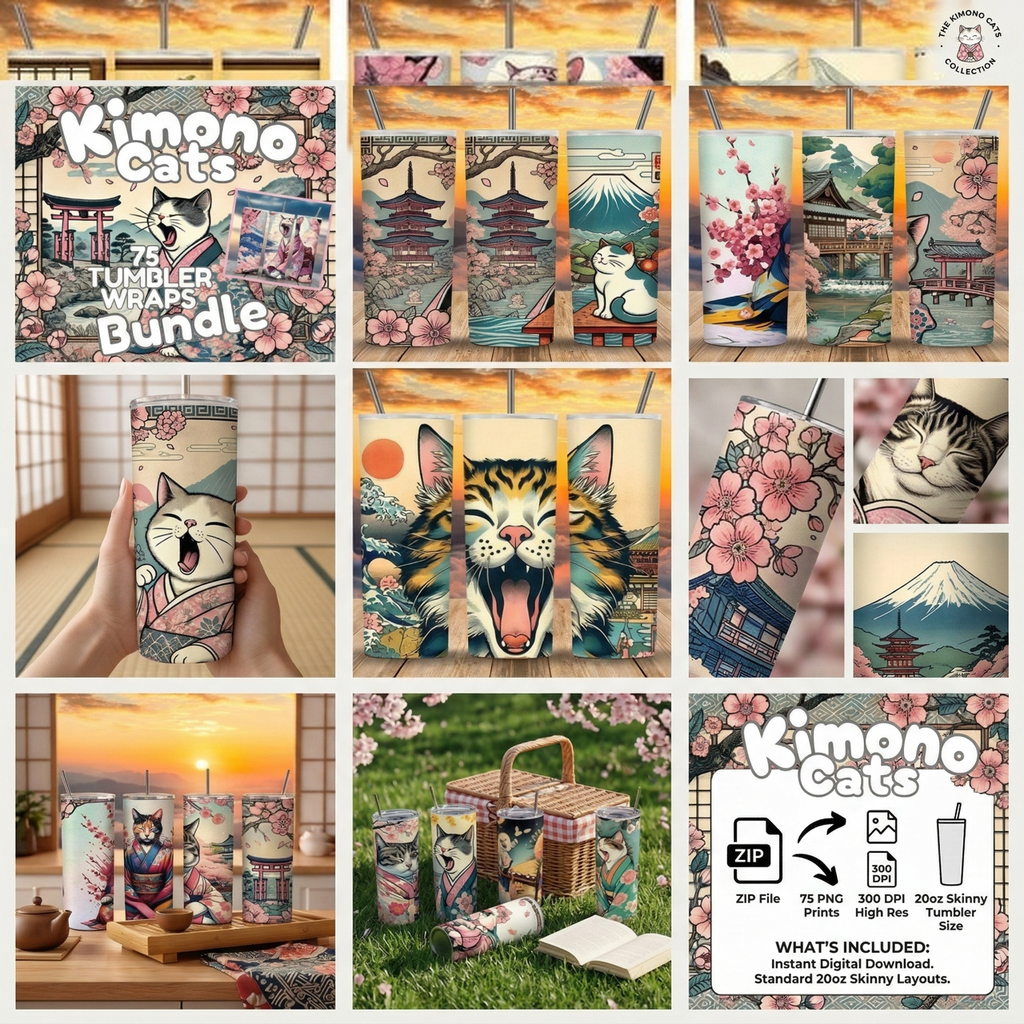 75 Kimono Cats Tumbler Wraps - 20oz PNG Bundle