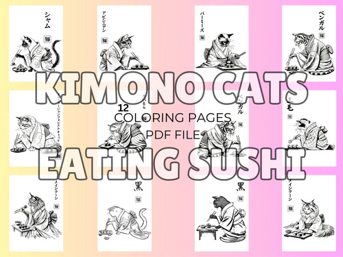 A collection of printable coloring pages featuring black and white illustrations of cats in kimonos eating sushi, arranged in a grid layout with colorful backgrounds.