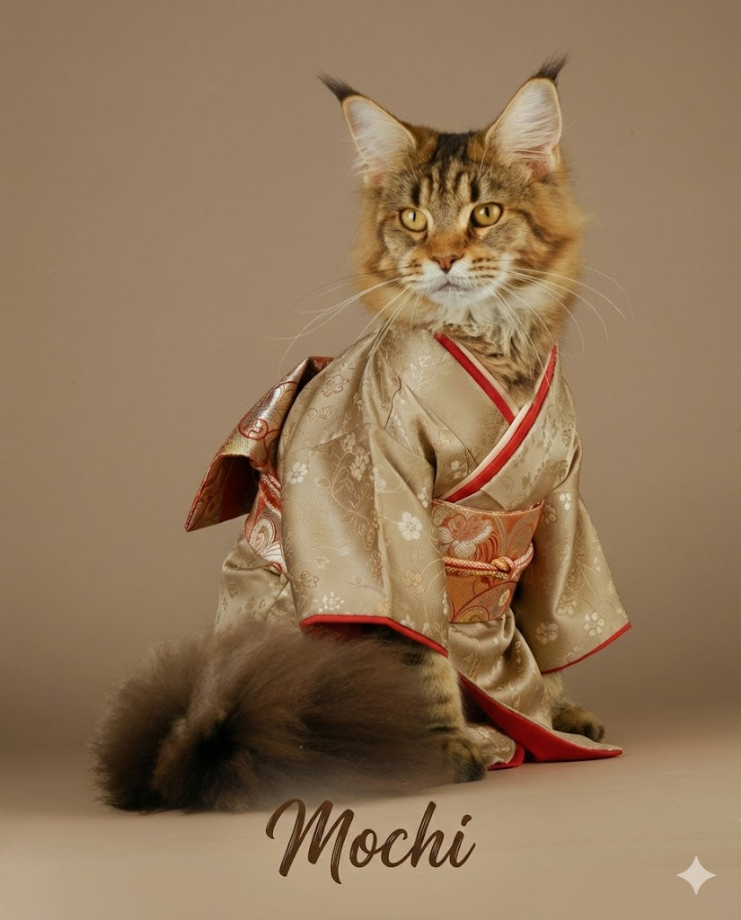Cat wearing a kimono with 'Mochi' written below on a brown background