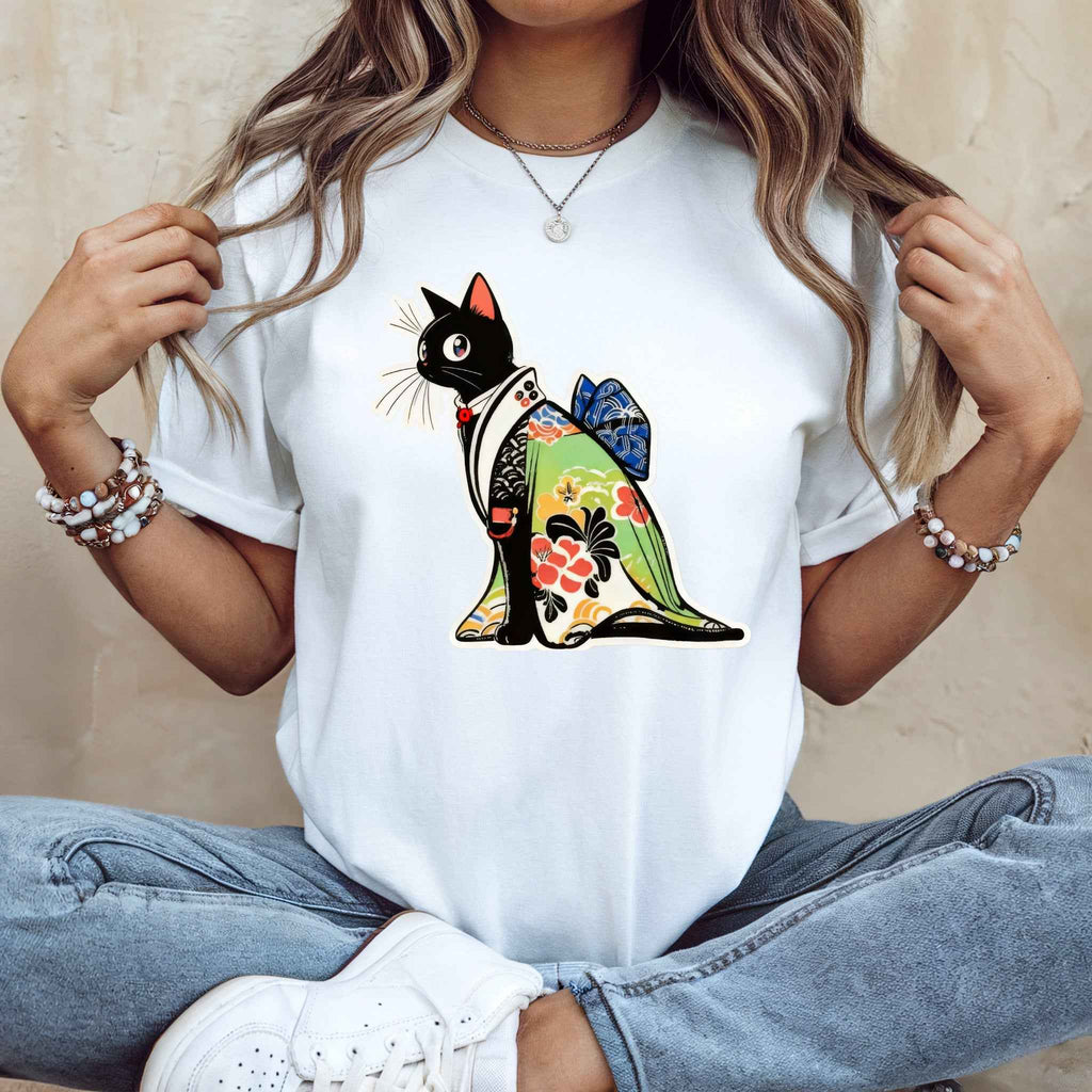 Cat Kimono T‑Shirt — Japanese Floral Black Cat Graphic Tee