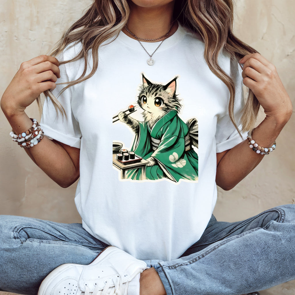 Kat Wearing Kimono T-Shirt - Cute Japanese Cat Illustration Enjoying Sushi - Kimono Cats Collection