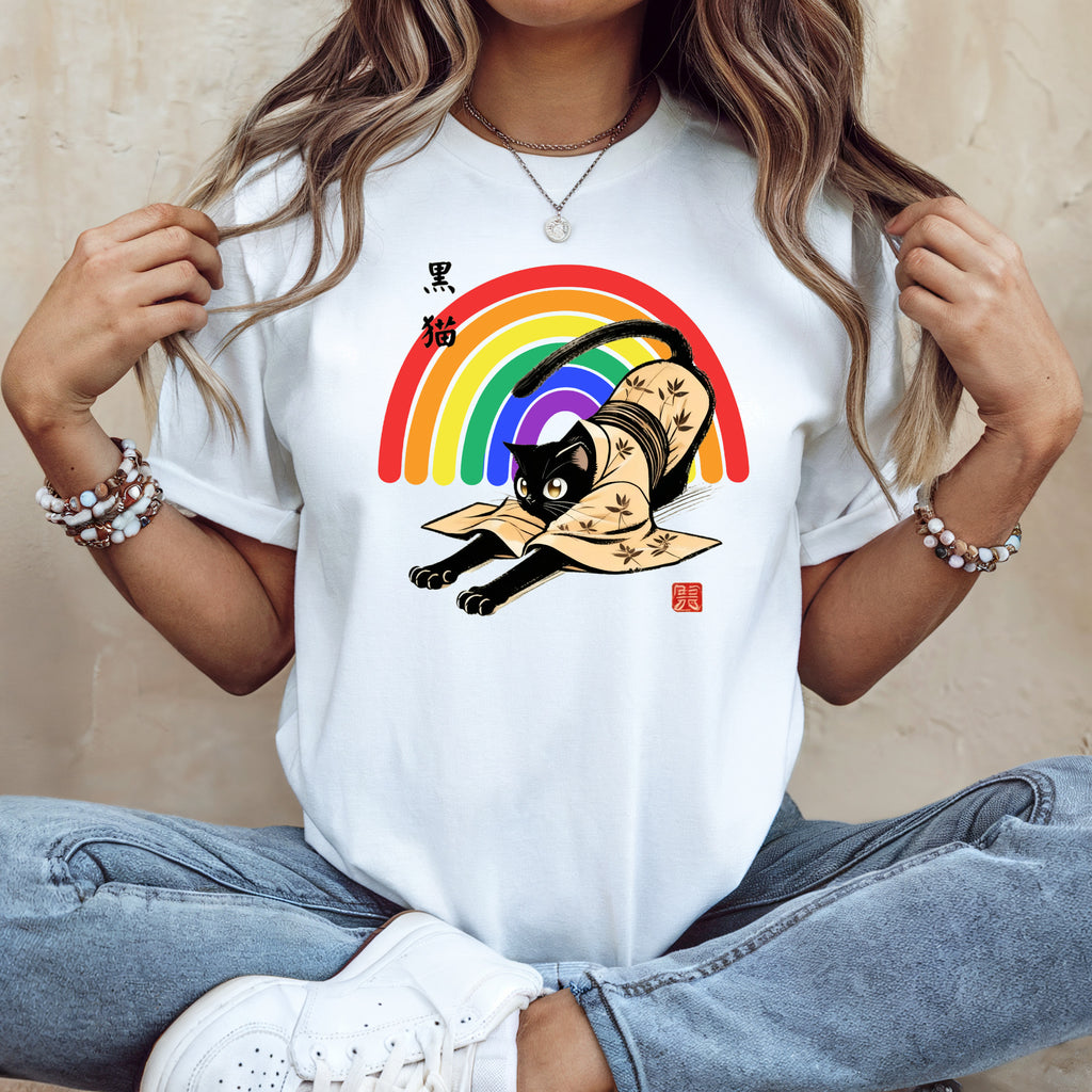 Rainbow Kuro Neko T-Shirt | Yoga Cat Shirt in Black Cat Kimono Design - Kimono Cats Collection