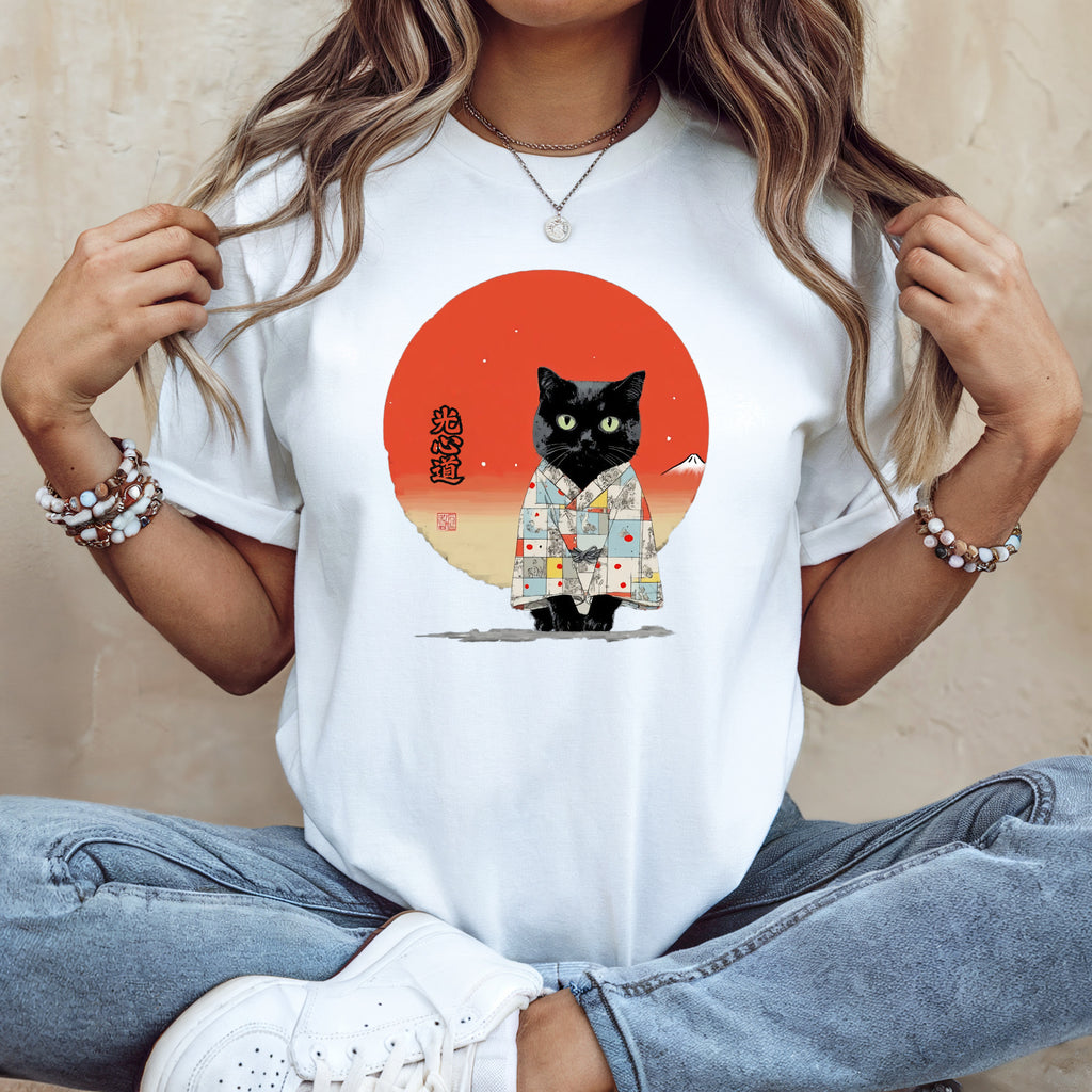 Black Cat Kimono Tee Shirt - Cute Unisex Cat Shirt, Unique Japanese Style Clothing for Animal Lovers - Kimono Cats Collection