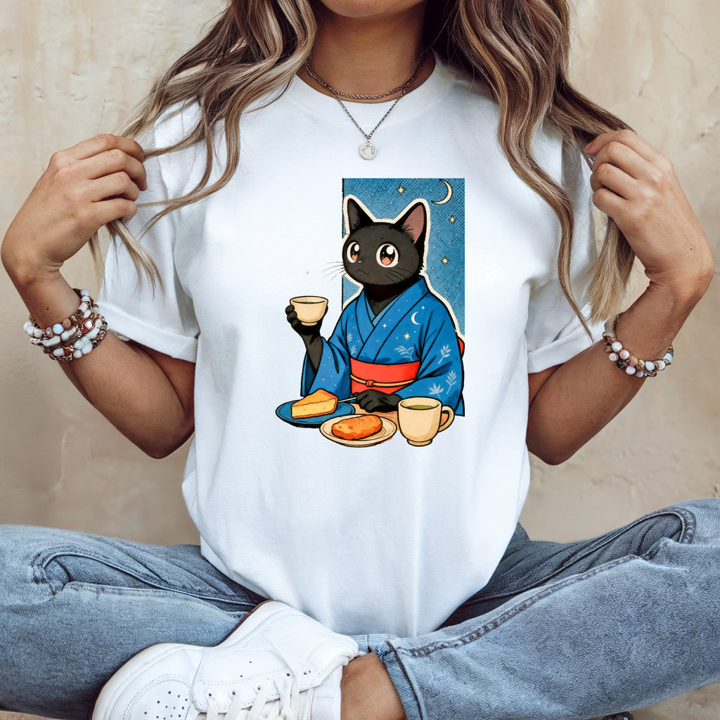 Midnight Tea Cat Shirt - Japanese Kimono Black Cat Tee for Cozy Night Aesthetic - Kimono Cats Collection