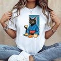 Midnight Tea Cat Shirt - Japanese Kimono Black Cat Tee for Cozy Night Aesthetic - Kimono Cats Collection
