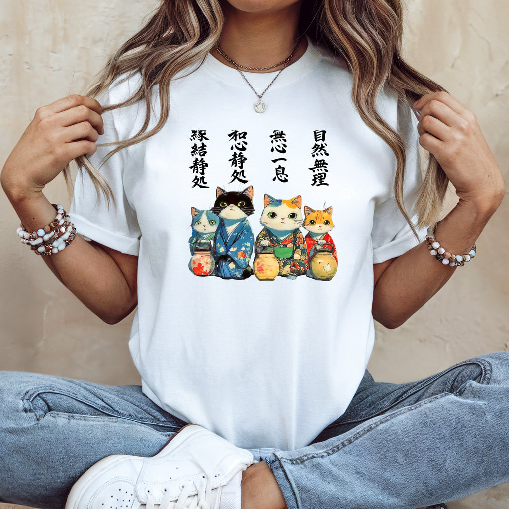 Zen Cats Kimono Tee | Short Sleeve Shirt with Japanese Lanterns and Watercolor Calligraphy - Kimono Cats Collection