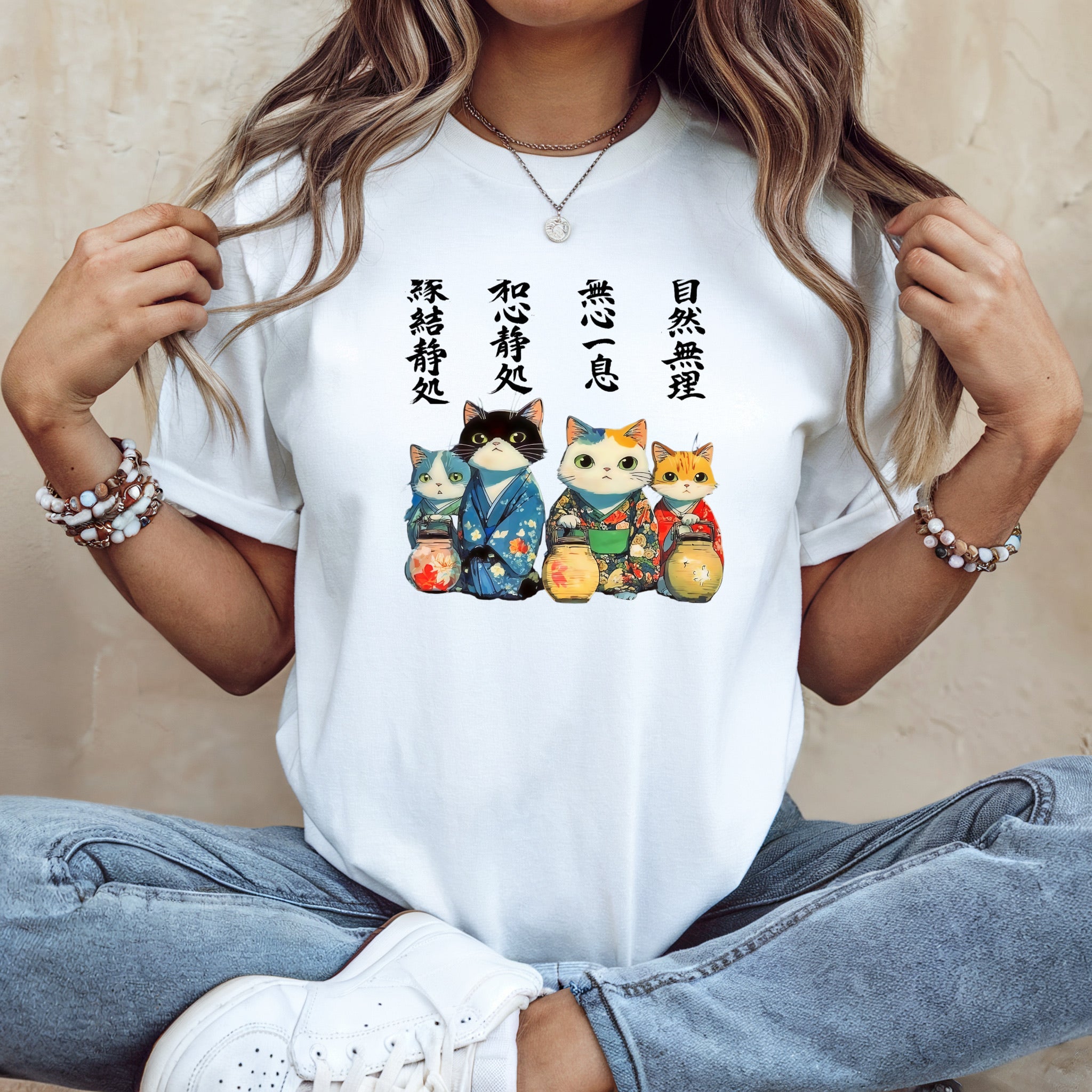 Zen Cats Kimono Tee | Short Sleeve Shirt with Japanese Lanterns and Watercolor Calligraphy