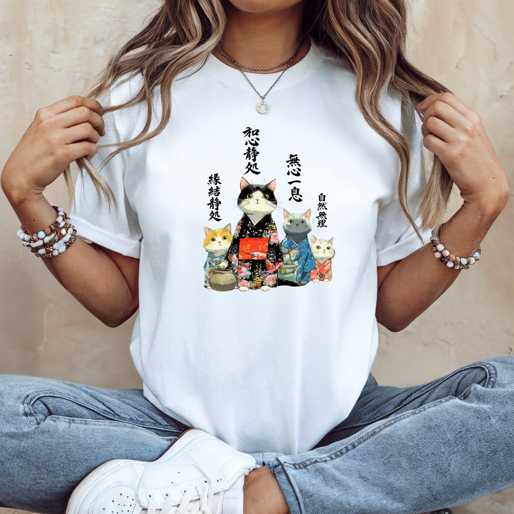 Zen Kimono Cats T-Shirt - Unique Japanese Cat Illustration Design - Kimono Cats Collection
