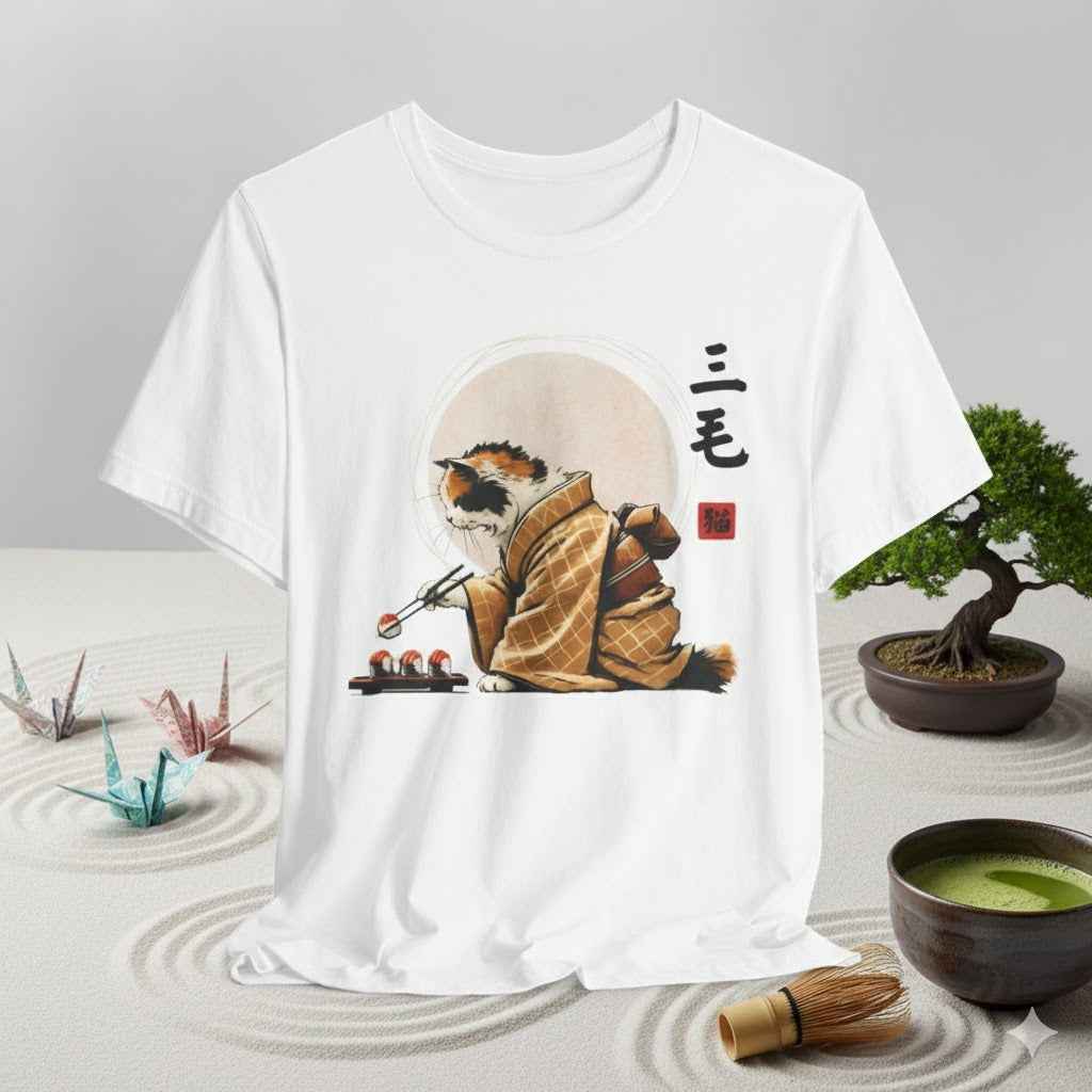Calico Cat Sushi T-Shirt - Adorable Kimono Design with a Cute Cat Eating Sushi