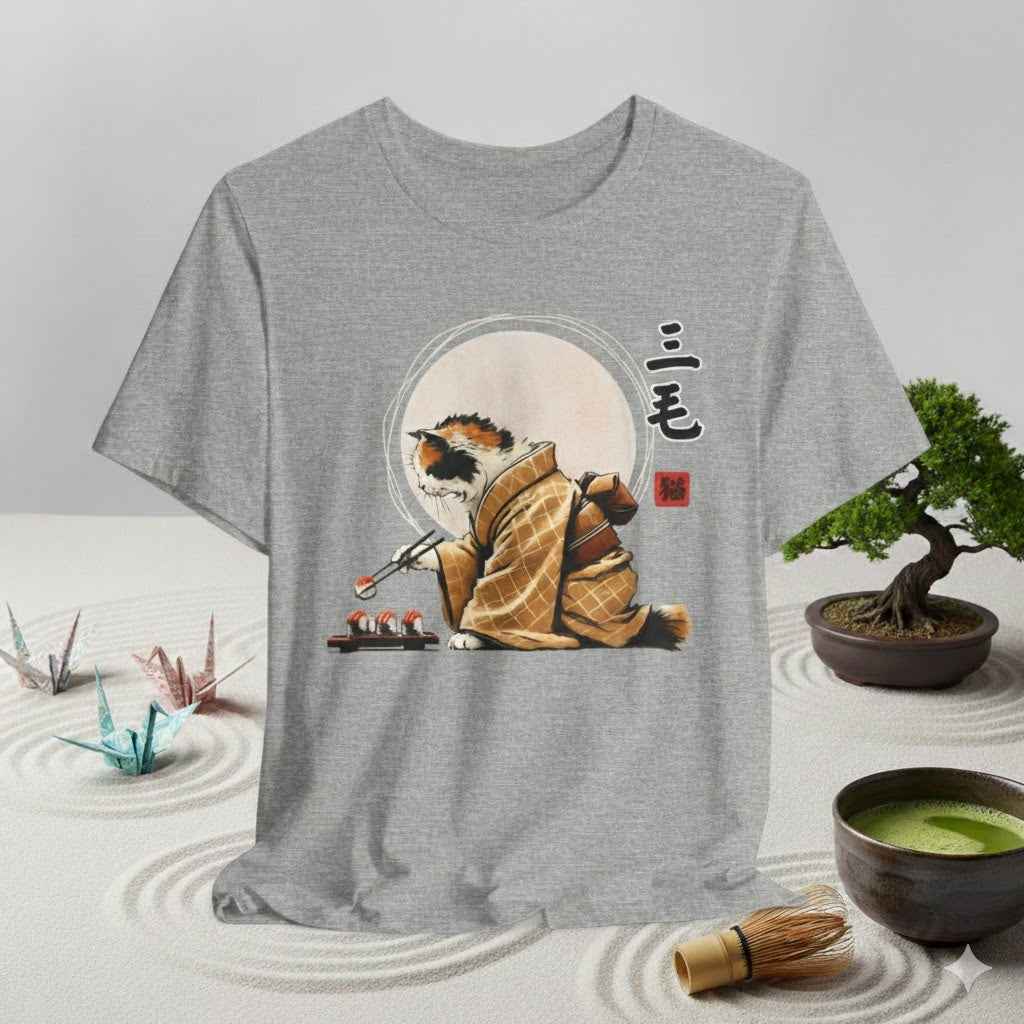 Calico Cat Sushi T-Shirt - Adorable Kimono Design with a Cute Cat Eating Sushi