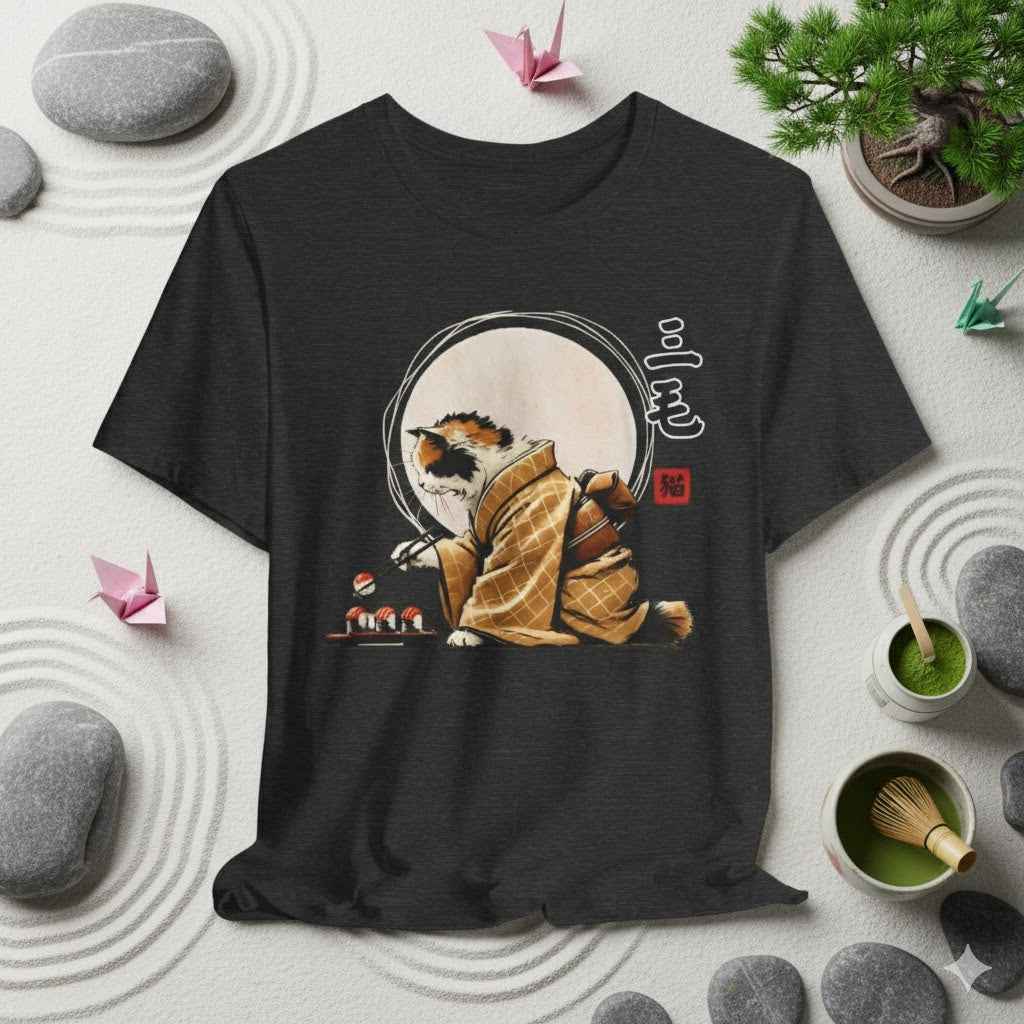 Calico Cat Sushi T-Shirt - Adorable Kimono Design with a Cute Cat Eating Sushi