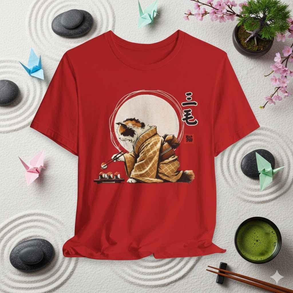 Calico Cat Sushi T-Shirt - Adorable Kimono Design with a Cute Cat Eating Sushi