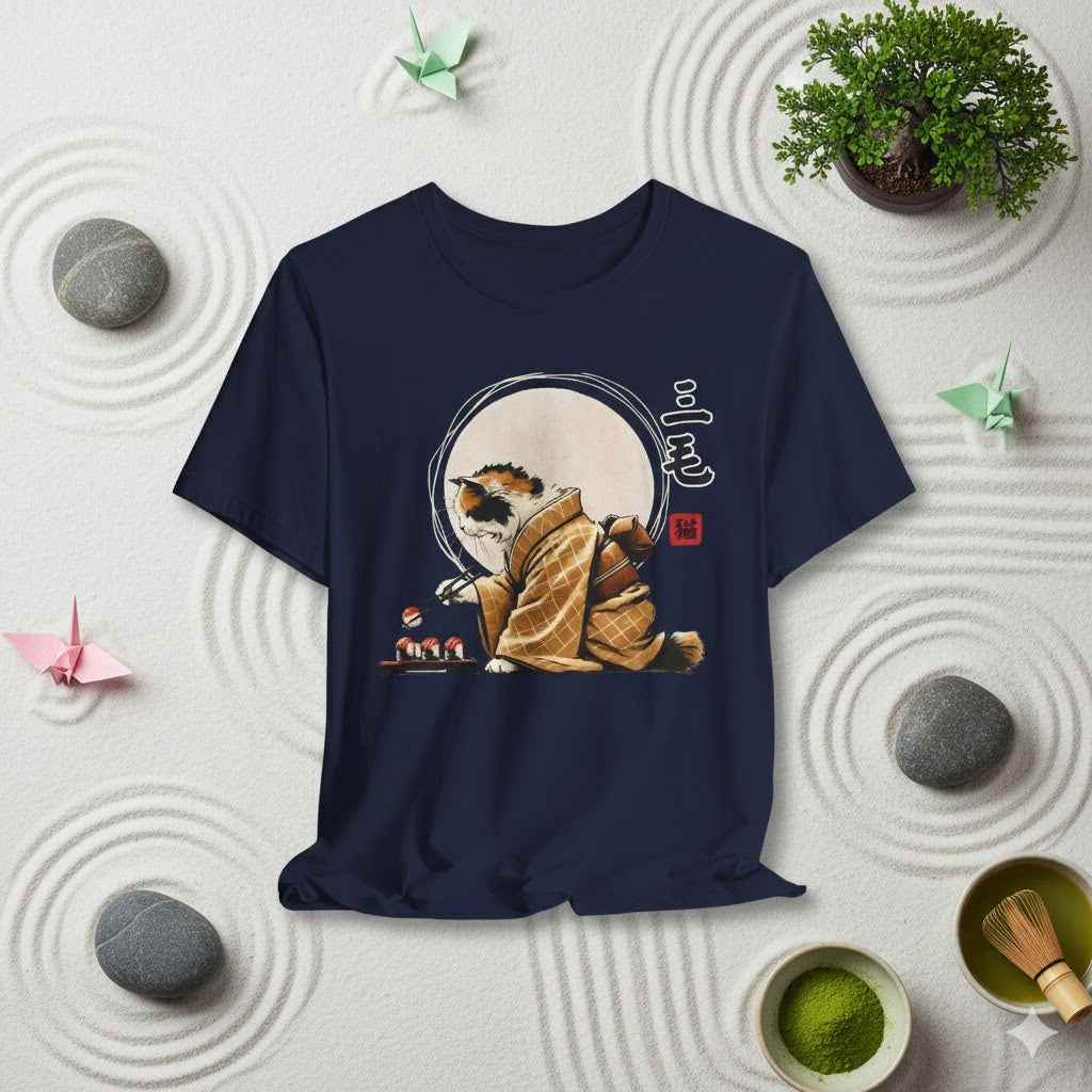 Calico Cat Sushi T-Shirt - Adorable Kimono Design with a Cute Cat Eating Sushi