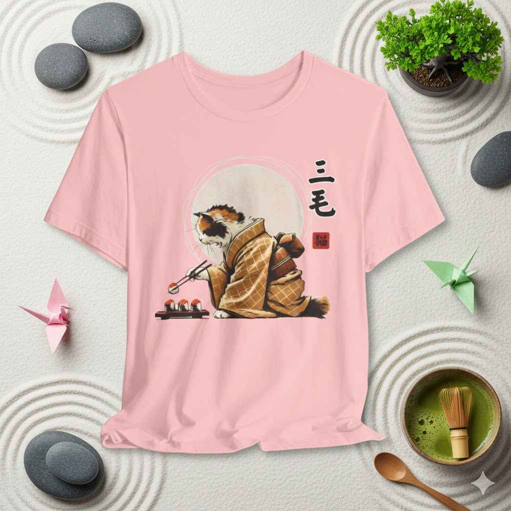 Calico Cat Sushi T-Shirt - Adorable Kimono Design with a Cute Cat Eating Sushi