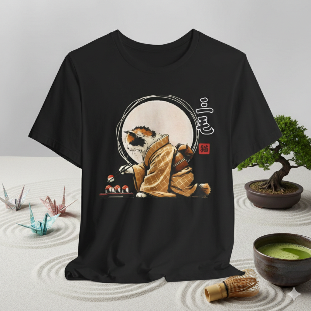 Calico Cat Sushi T-Shirt - Adorable Kimono Design with a Cute Cat Eating Sushi
