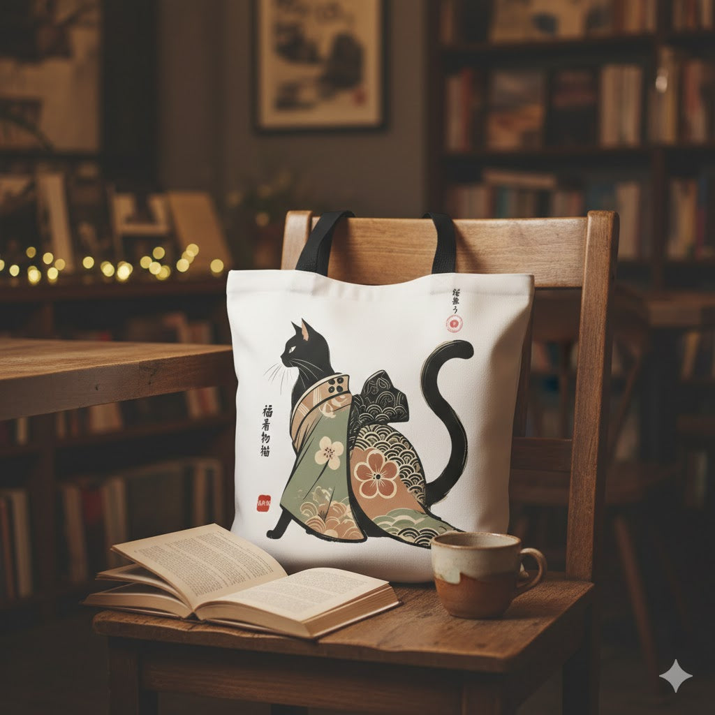 Kimono Cats Tote Bag — Japanese Floral Cat Illustration AOP