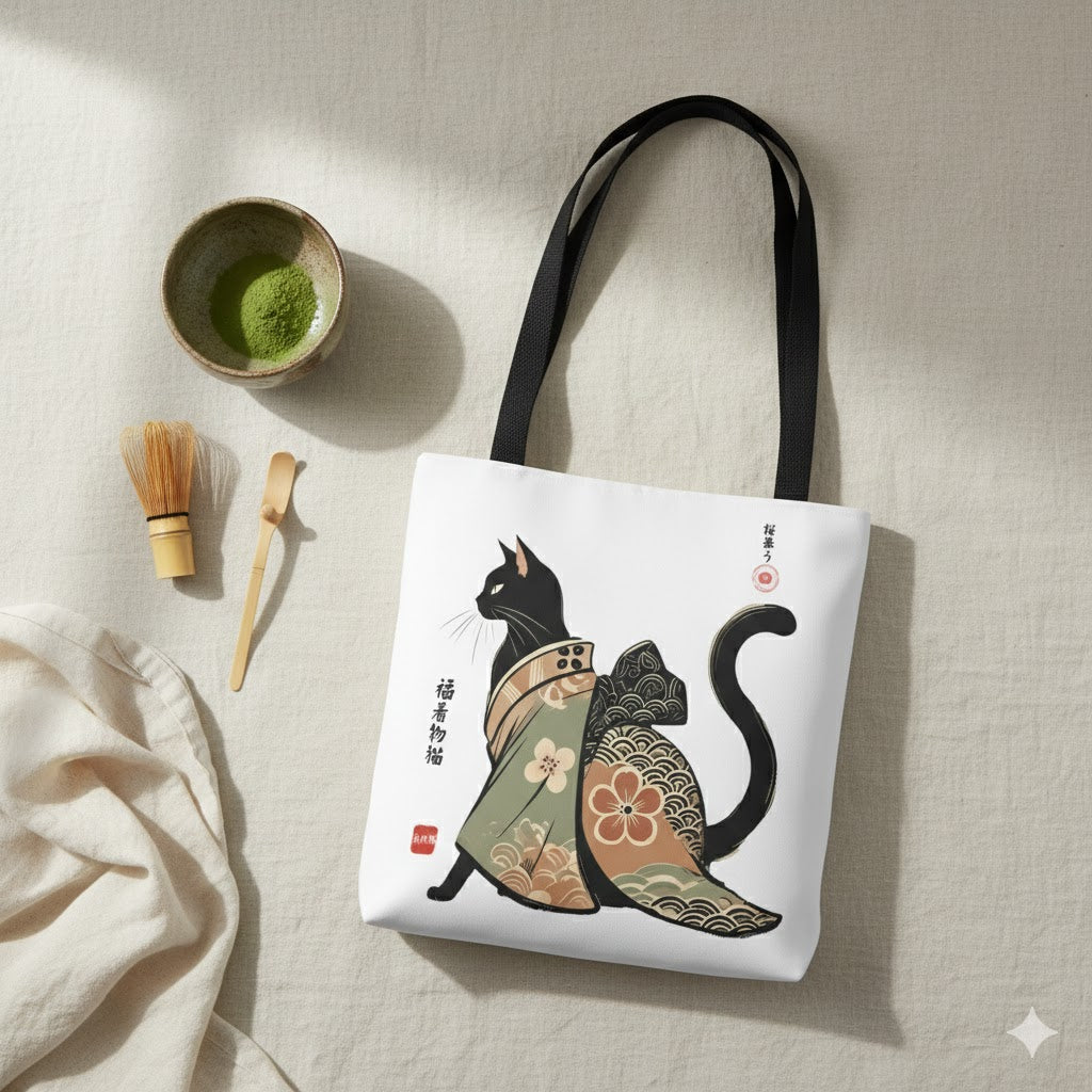 Kimono Cats Tote Bag — Japanese Floral Cat Illustration AOP